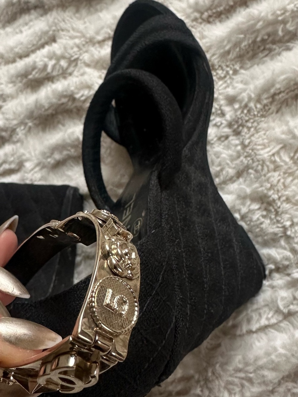 CHANEL Black Canvas Logo Lucky Charms Wedge Sandals - Picture 10 of 16